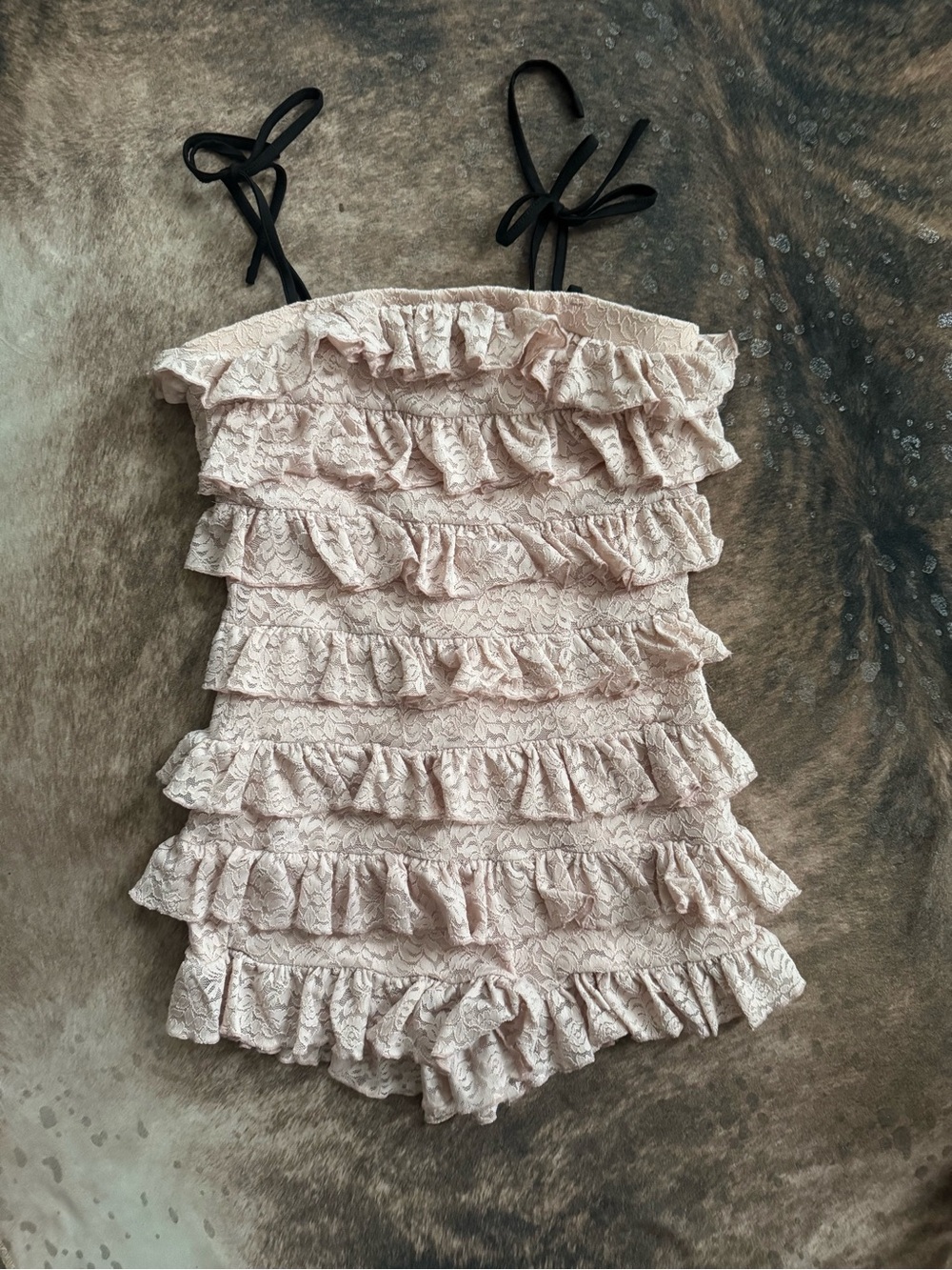 SHEIN Blush Pink Lace Ruffle Romper with Tie Straps